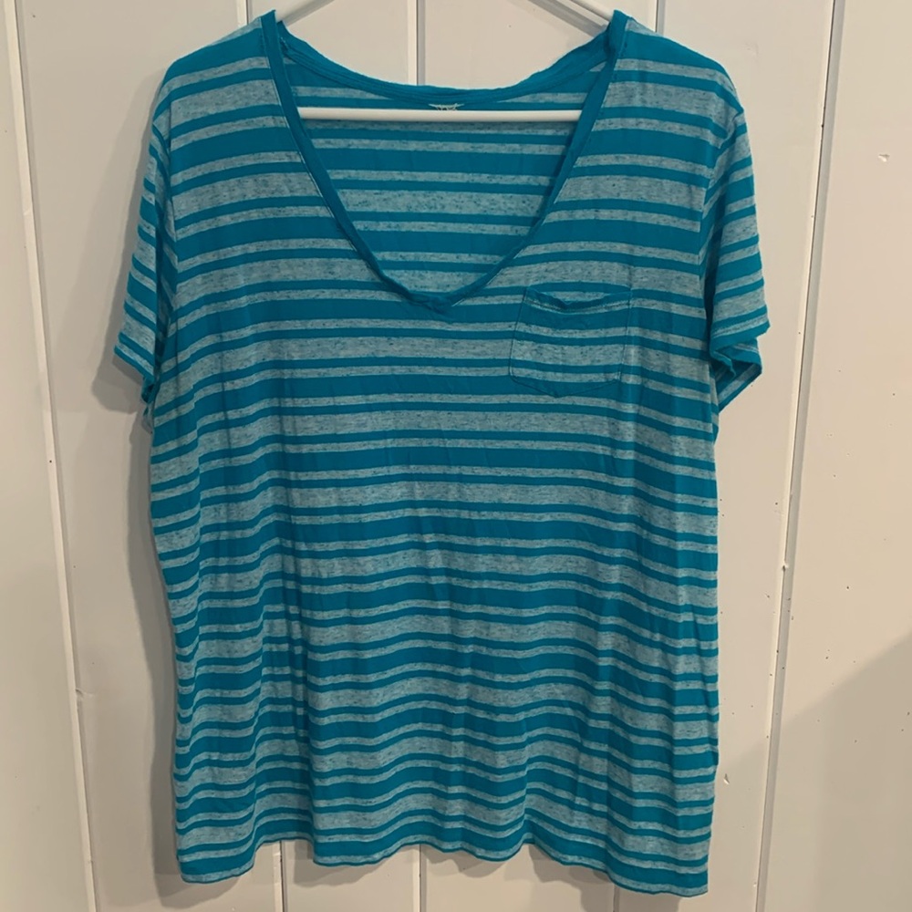 Teal/Blue Striped V-Neck Blouse